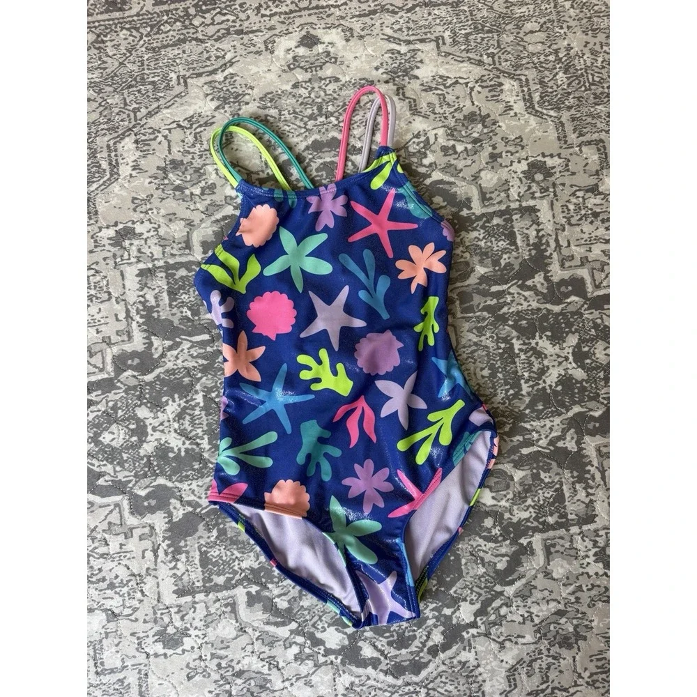 Cat & Jack Girls Sz S (6/7) One Piece Ocean Sea Shell Coral Theme Swim Suit